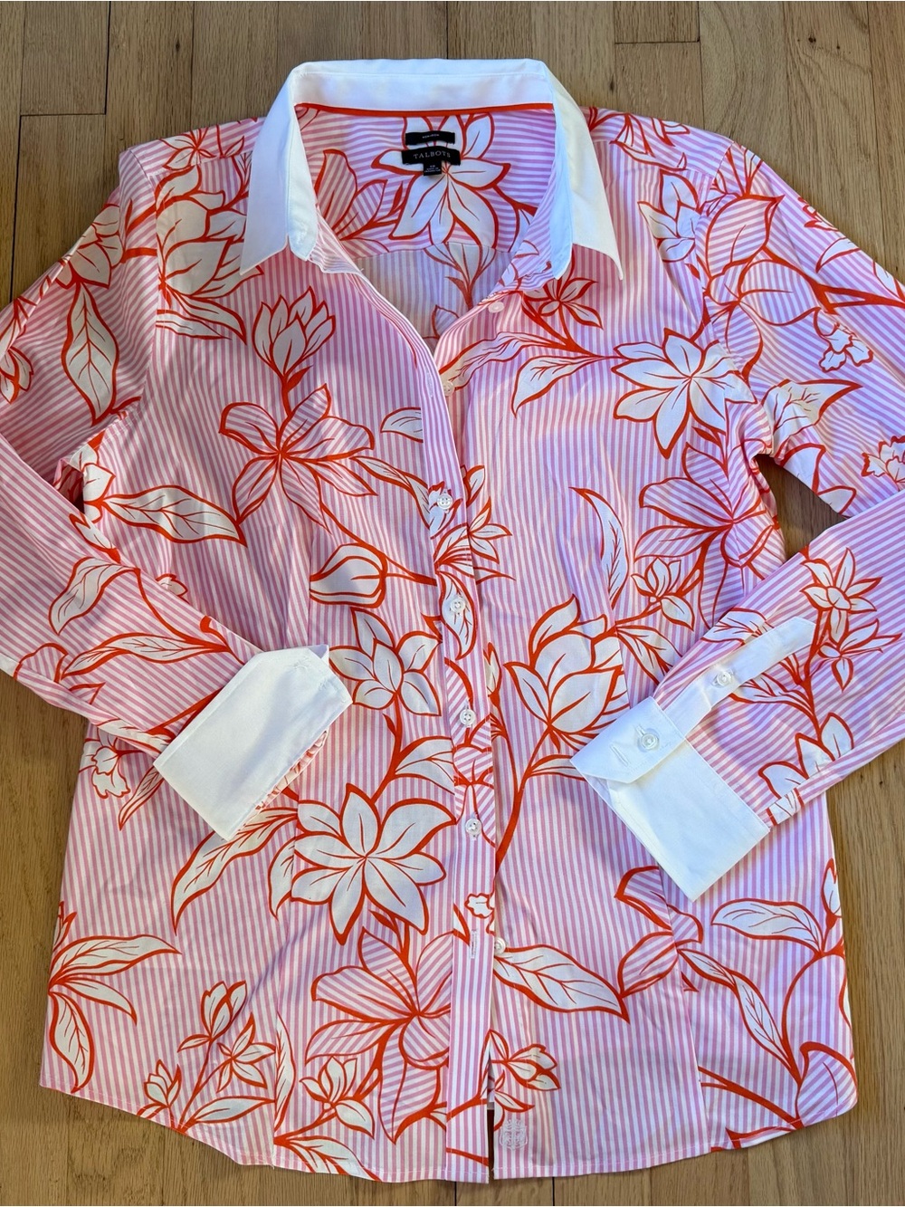 🌸Talbots Pink and Red Floral Stripe Button-Down Shirt